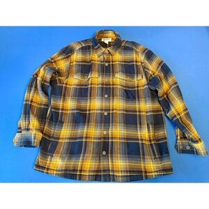 Duluth Trading Flannel Jacket Mens Large Yellow Fleece Lined Snap Shacket Hoodie